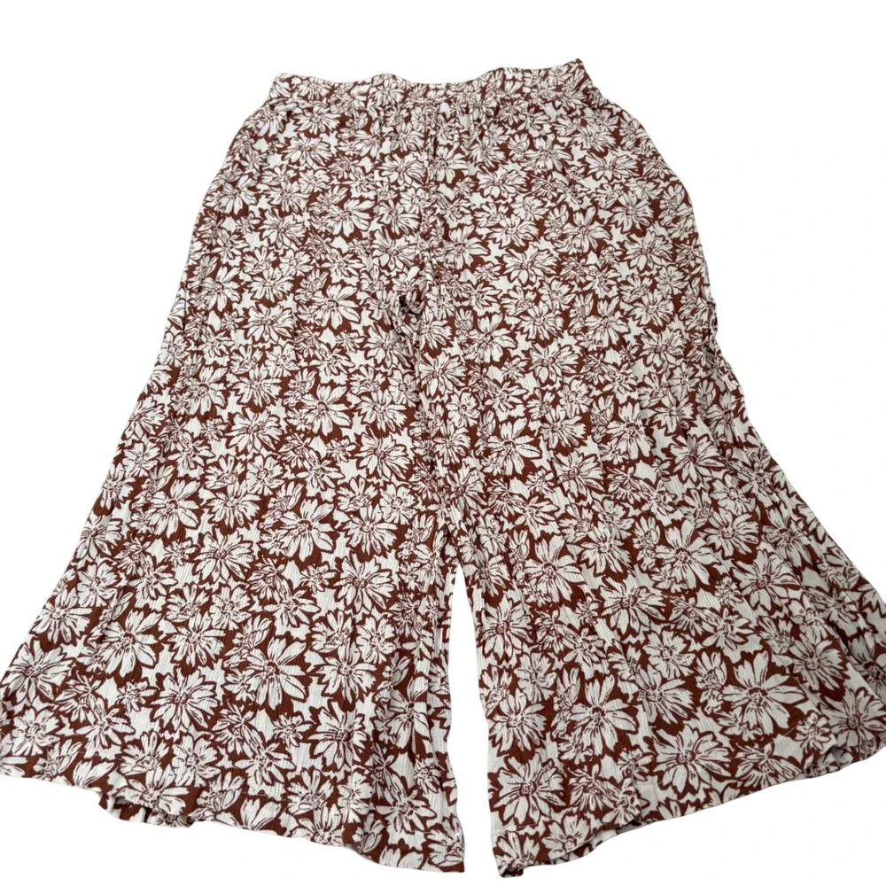 Becool Brown White Floral Wide Leg Pants‎ Womens Large High Rise Rayon Boho
